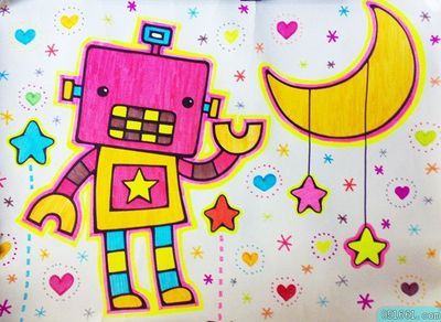 机器人和星星_儿童画水彩画作品-儿童教育资源-64kb图片